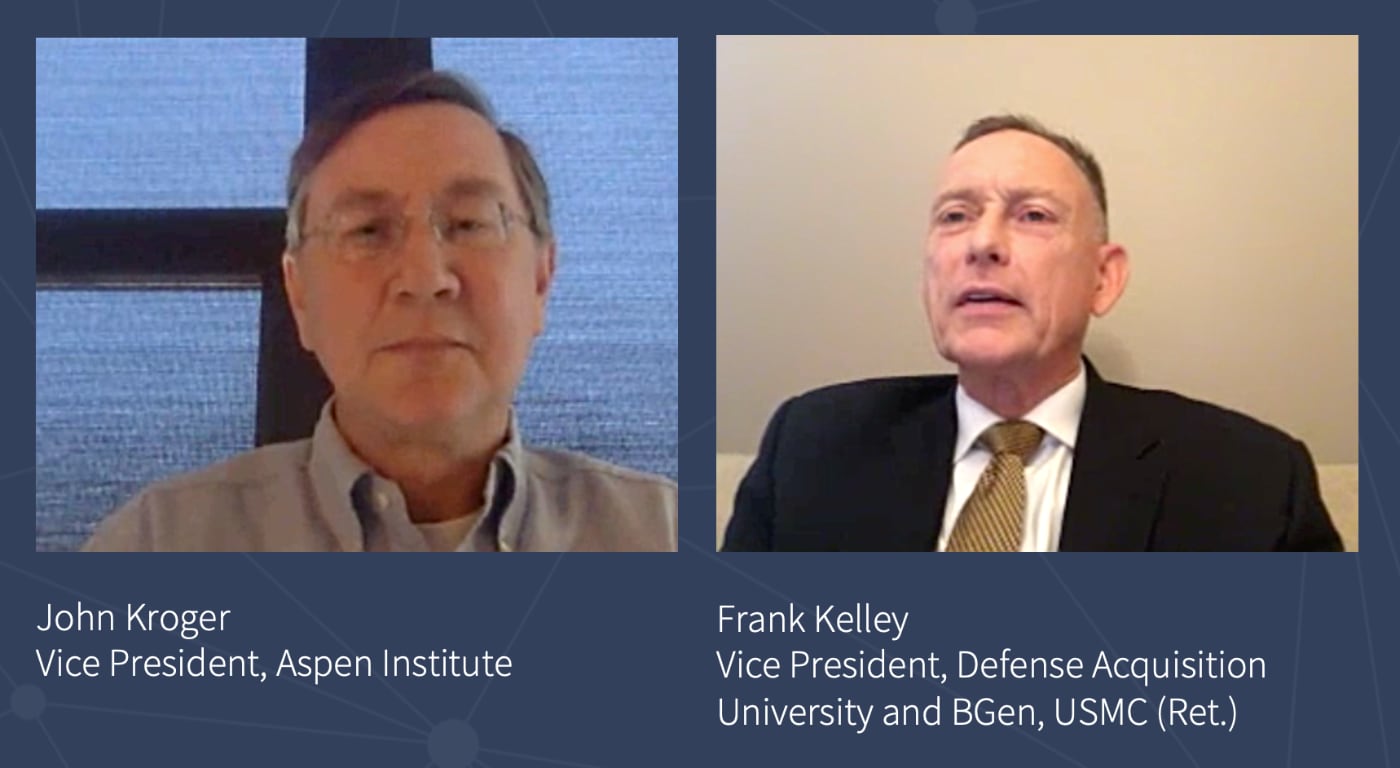 Featured speaker, John Kroger (Vice President, Aspen Institute) (left), and Frank Kelley (Vice President, Defense Acquisition University and BGen, USMC (Ret.)) (right).